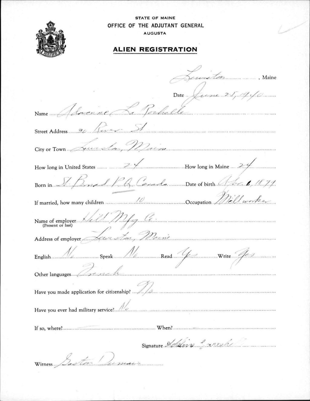 Miniature of Alien Registration- Larochelle, Adeline (Lewiston, Androscoggin County)