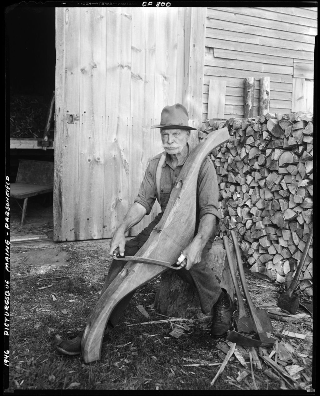 Miniature of Man Using A Draw Knife To Smooth Out A Yoke That He Is Making In Parsonsfield