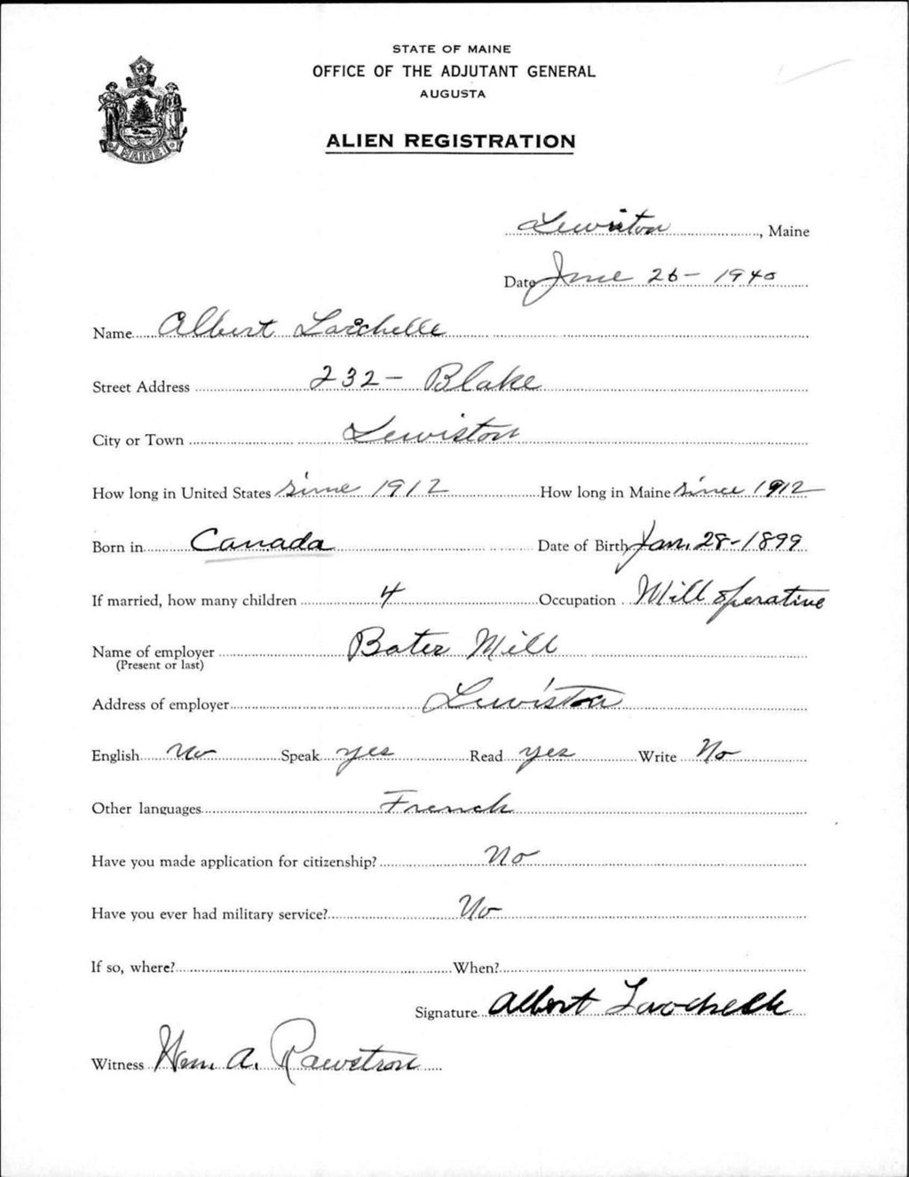 Miniature of Alien Registration- Larchelle, Albert (Lewiston, Androscoggin County)
