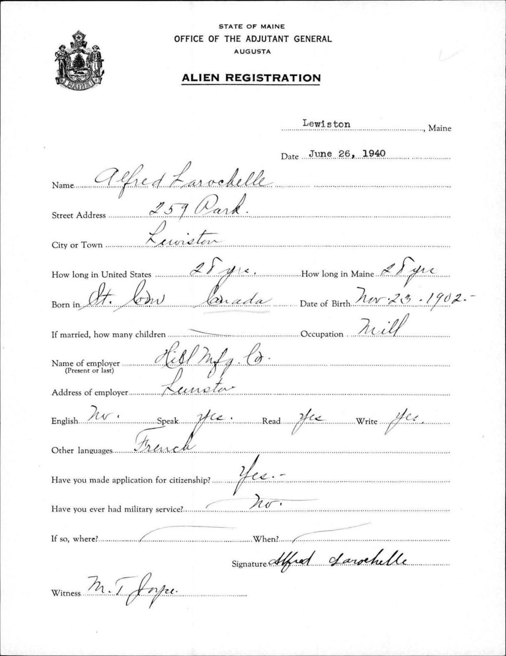 Miniature of Alien Registration- Larochelle, Alfred (Lewiston, Androscoggin County)