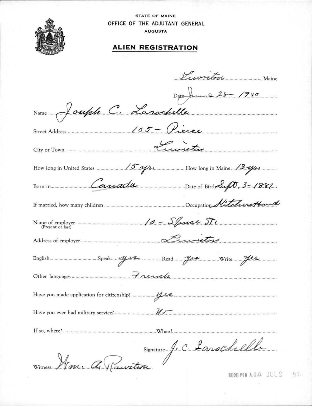 Miniature of Alien Registration- Larochelle, Joseph C. (Lewiston, Androscoggin County)
