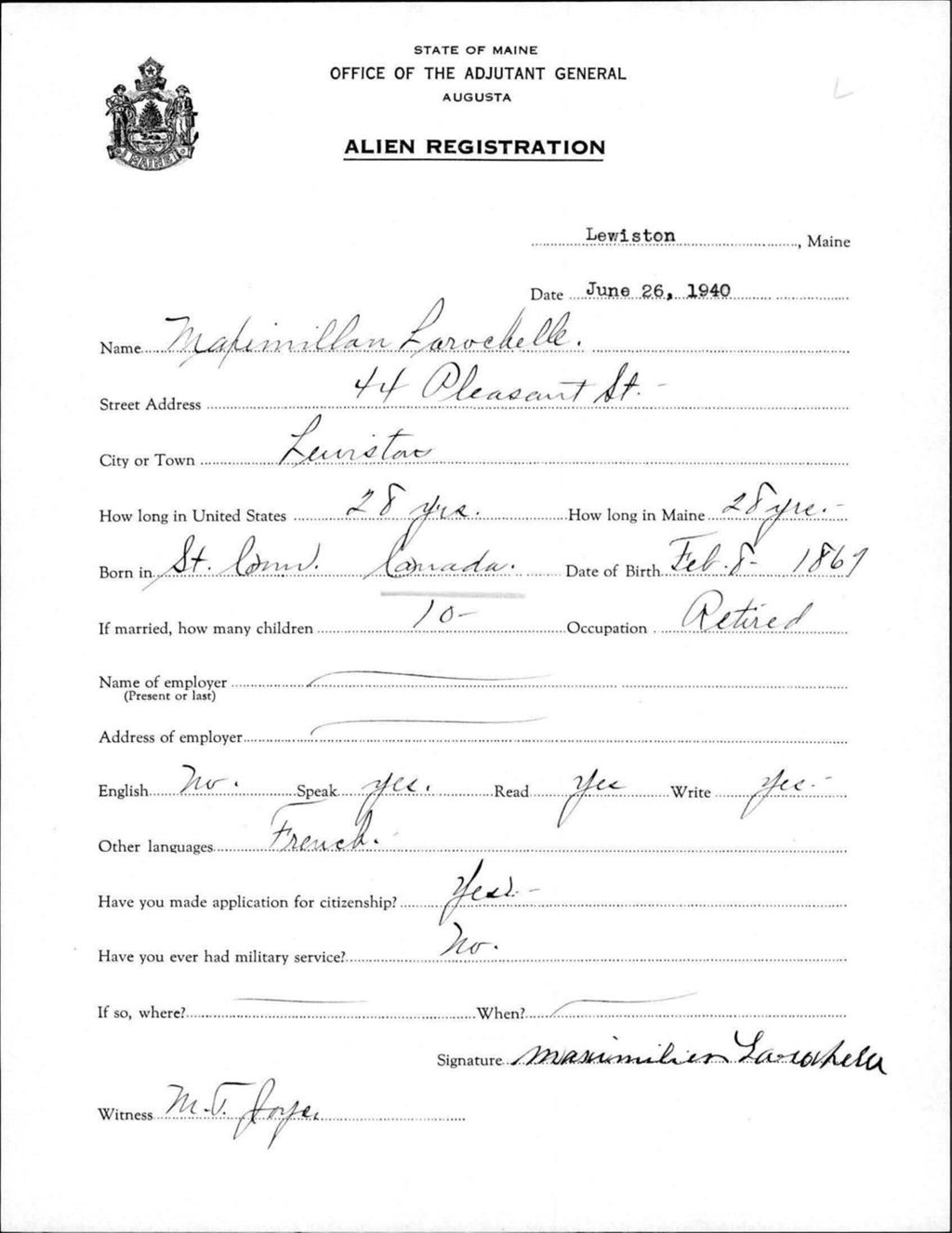 Miniature of Alien Registration- Larochelle, Maximillan (Lewiston, Androscoggin County)