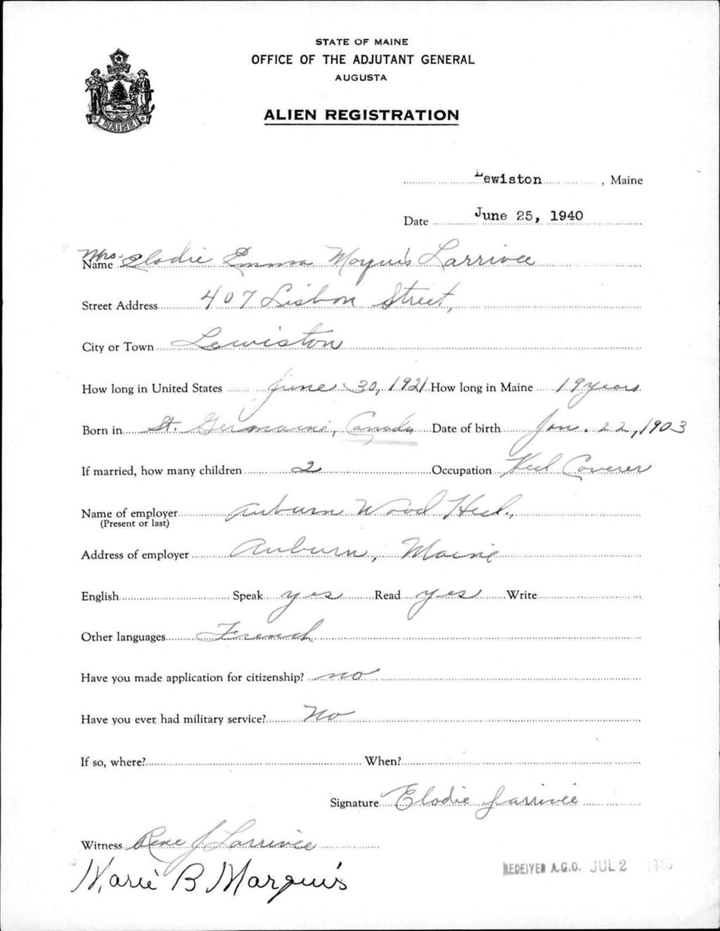 Miniature of Alien Registration- Marquis, Elodie E. (Lewiston, Androscoggin County)