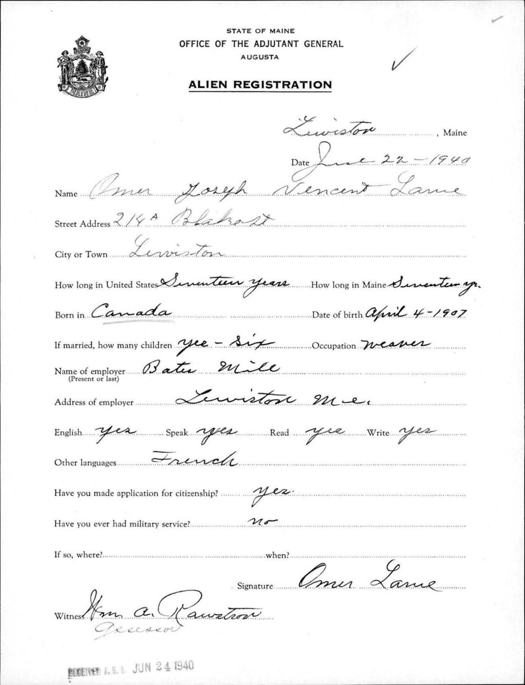 Miniature of Alien Registration- Larue, Omer Joseph V. (Lewiston, Androscoggin County)