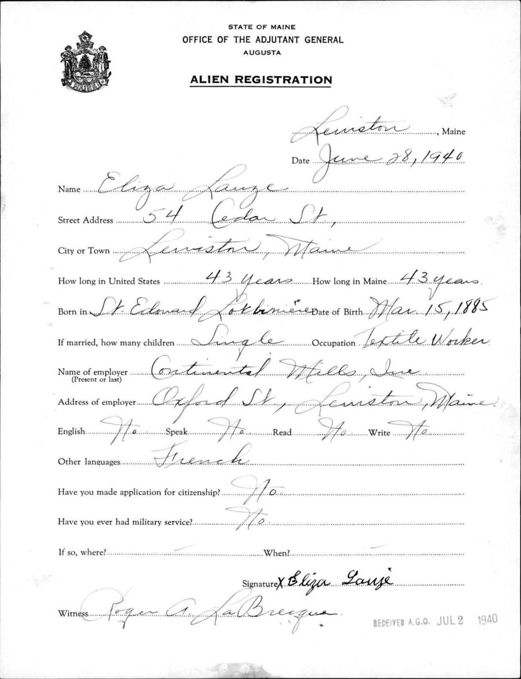 Miniature of Alien Registration- Lauze, Eliza (Lewiston, Androscoggin County)