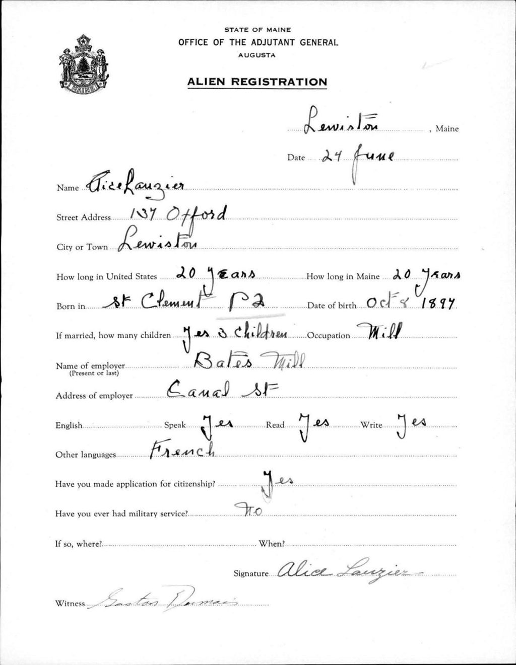 Miniature of Alien Registration- Lauzier, Alice (Lewiston, Androscoggin County)
