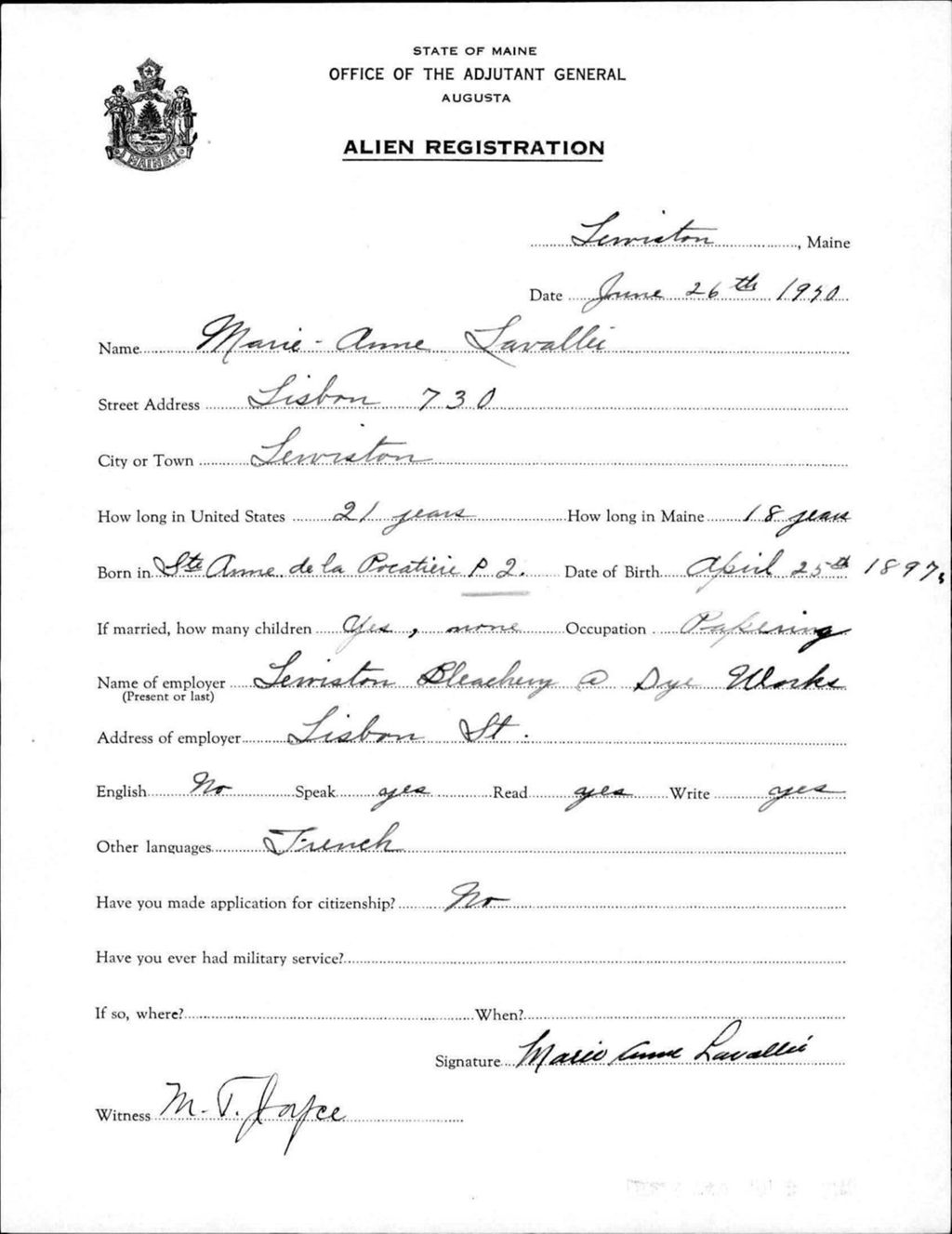 Miniature of Alien Registration- Lavallee, Marie-Anne (Lewiston, Androscoggin County)