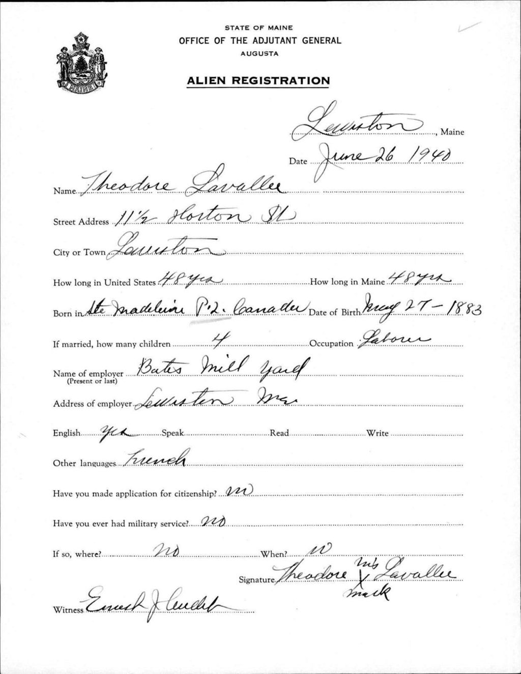 Miniature of Alien Registration- Lavallee, Theodore (Lewiston, Androscoggin County)
