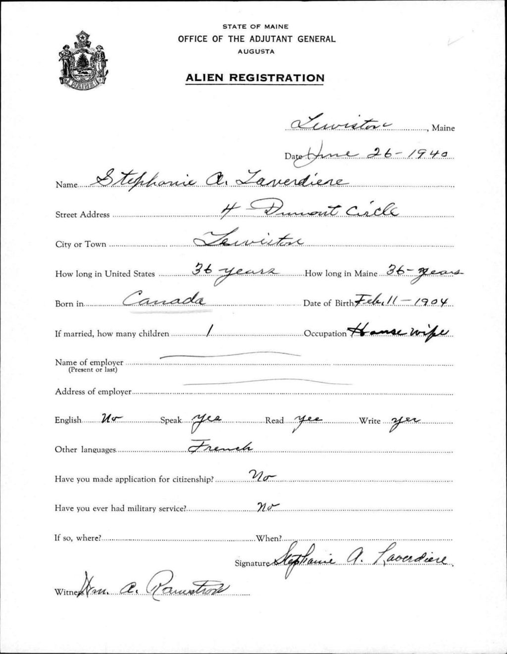 Miniature of Alien Registration- Laverdiere, Stephanie A. (Lewiston, Androscoggin County)