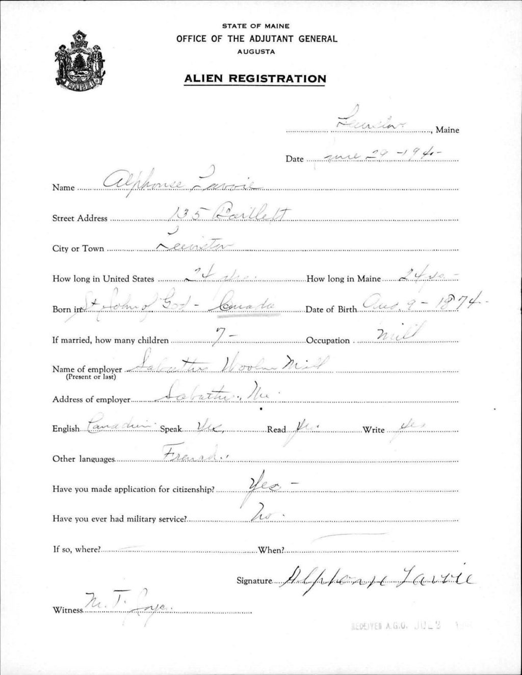 Miniature of Alien Registration- Lavoie, Alphonse (Lewiston, Androscoggin County)