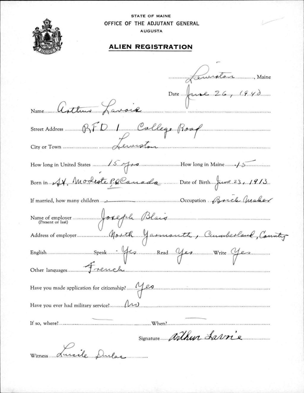 Miniature of Alien Registration- Lavoie, Arthur (Lewiston, Androscoggin County)