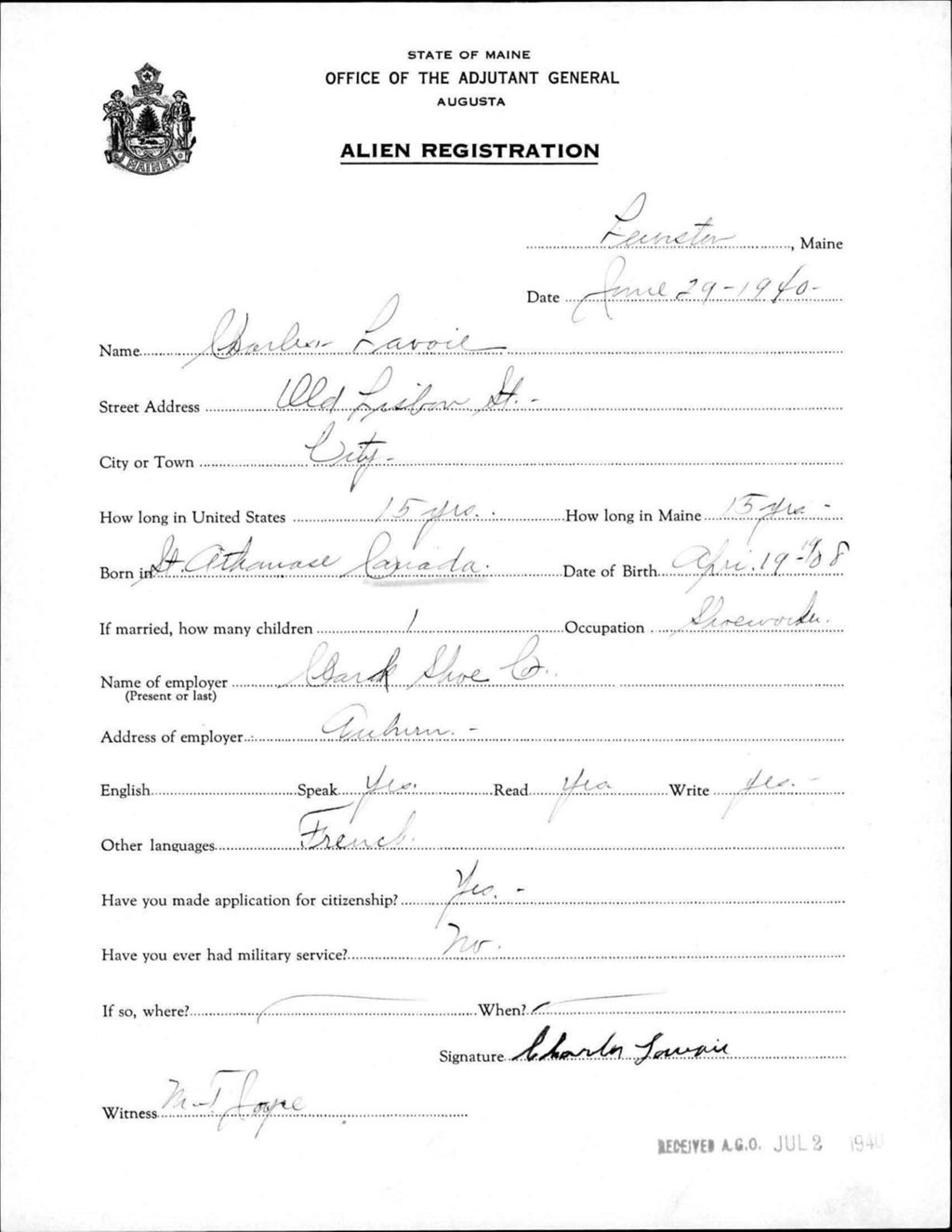Miniature of Alien Registration- Lavoie, Charles (Lewiston, Androscoggin County)