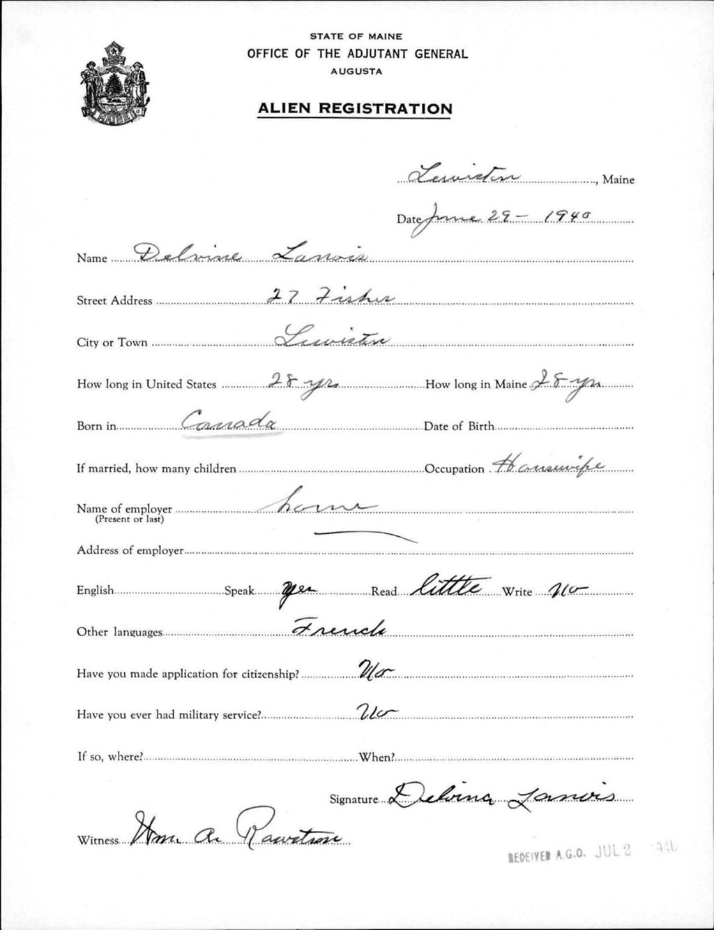 Miniature of Alien Registration- Lavoie, Delvine (Lewiston, Androscoggin County)