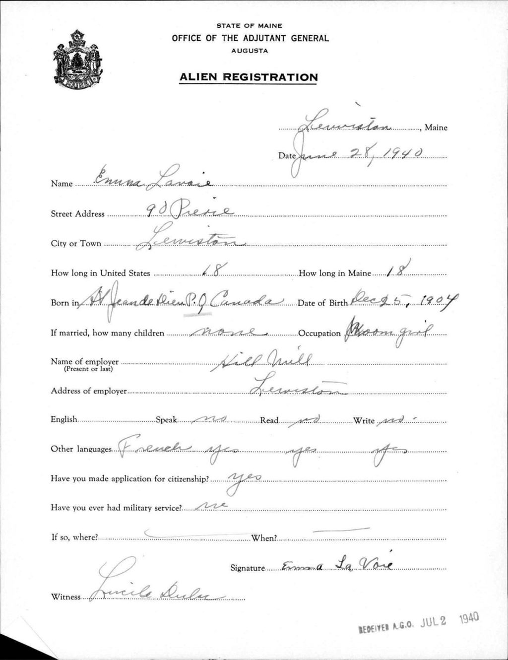 Miniature of Alien Registration- Lavoie, Emma (Lewiston, Androscoggin County)