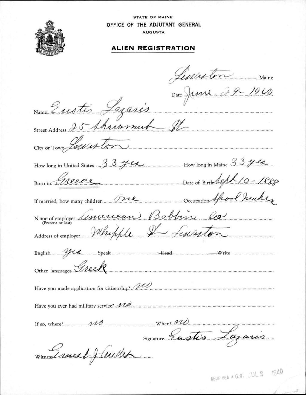 Miniature of Alien Registration- Lazaris, Eutis (Lewiston, Androscoggin County)