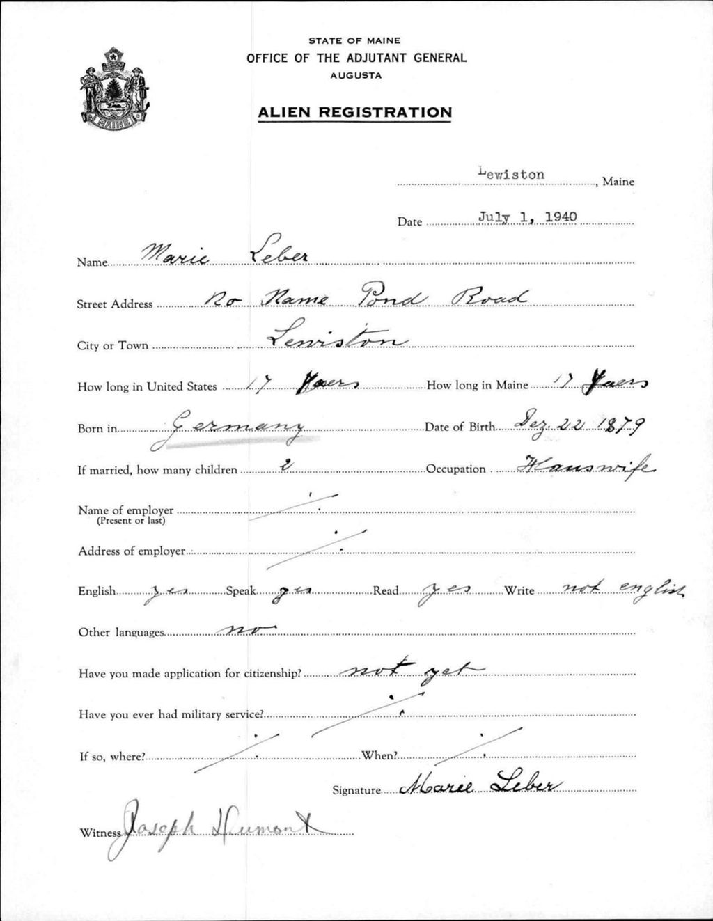 Miniature of Alien Registration- Leber, Marie (Lewiston, Androscoggin County)