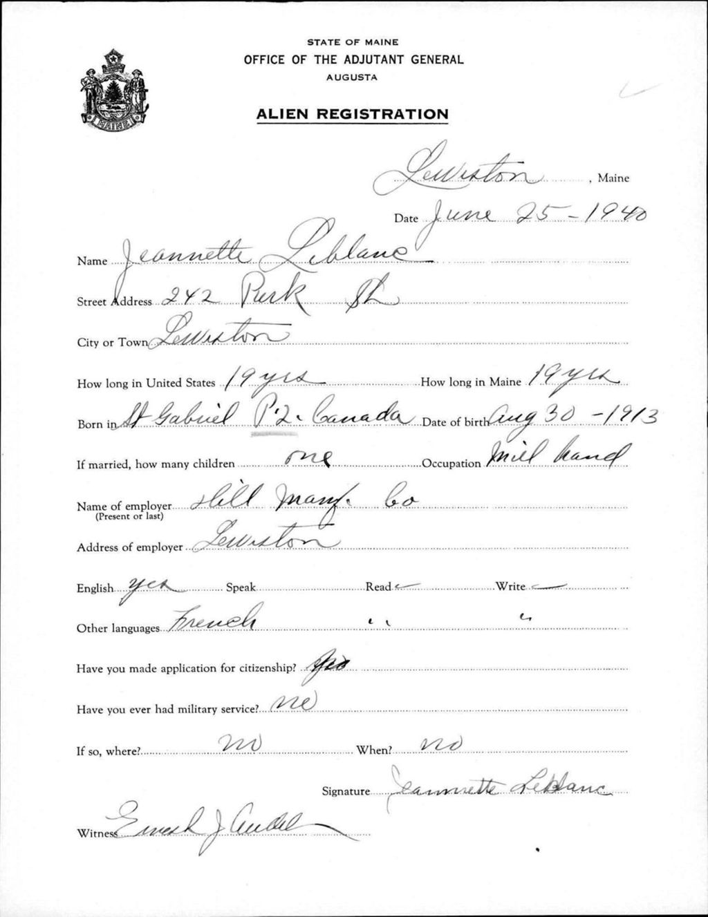 Miniature of Alien Registration- Leblanc, Jeannette (Lewiston, Androscoggin County)