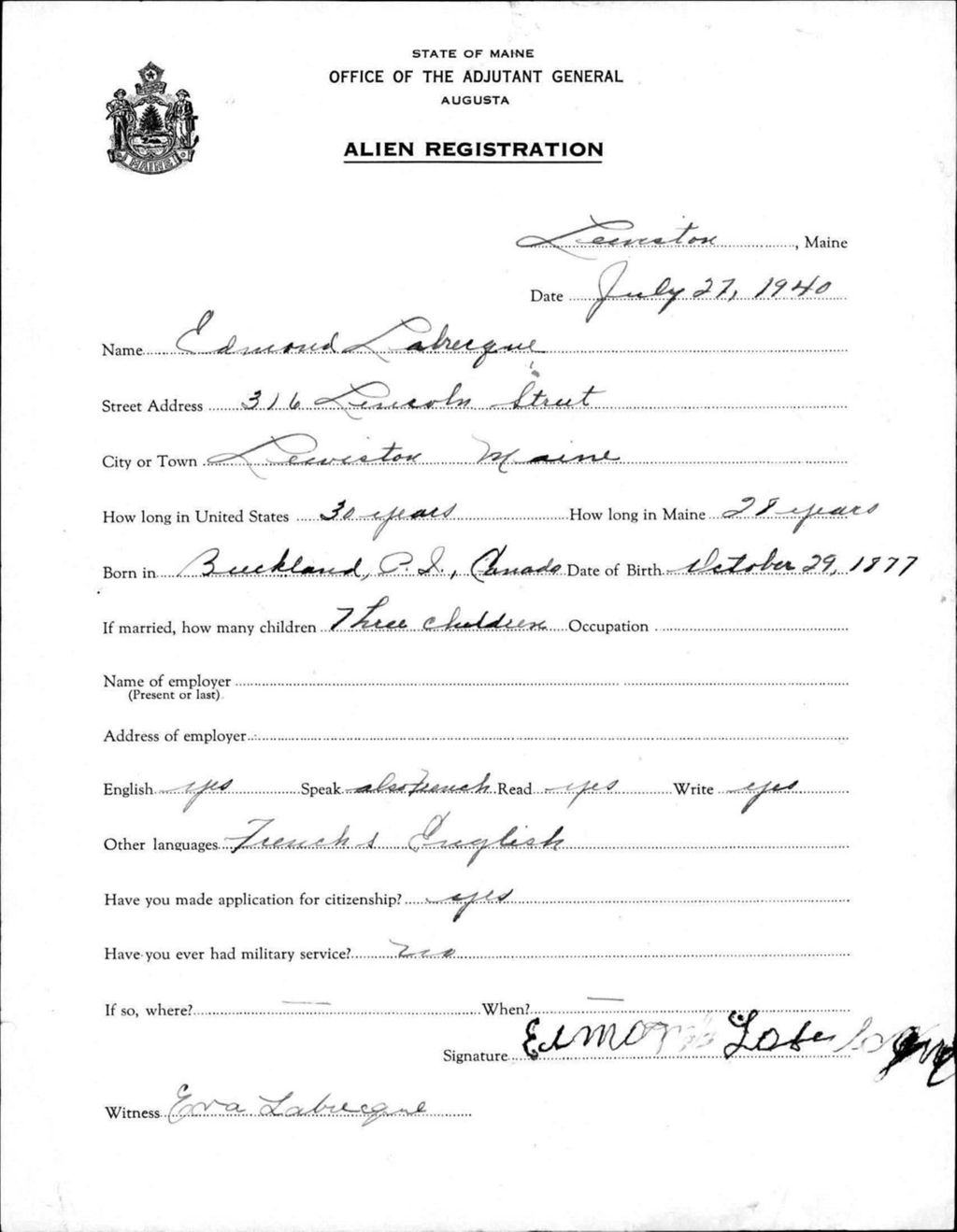 Miniature of Alien Registration- Labrecque, Edmond (Lewiston, Androscoggin County)