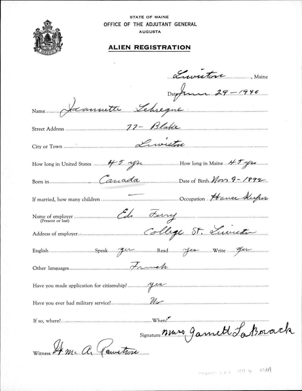 Miniature of Alien Registration- Labrecque, Jeannette (Lewiston, Androscoggin County)