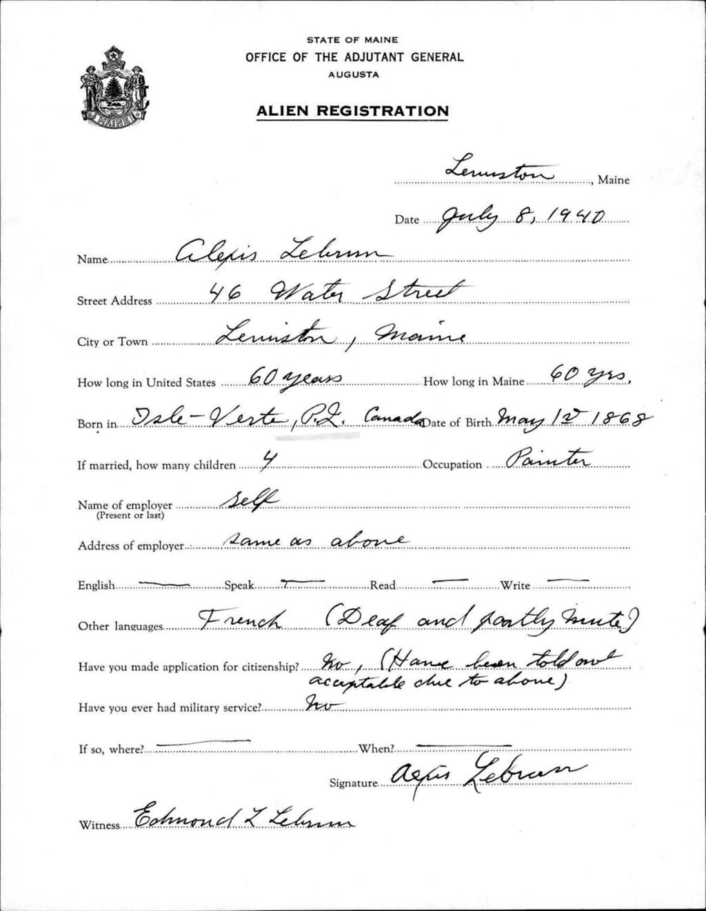 Miniature of Alien Registration- Lebrun, Alexis (Lewiston, Androscoggin County)