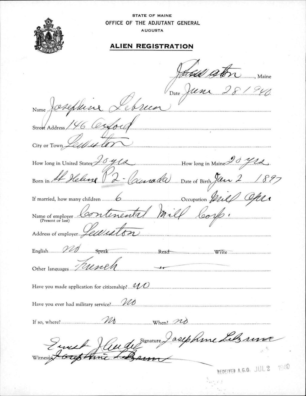 Miniature of Alien Registration- Lebrun, Josephine (Lewiston, Androscoggin County)