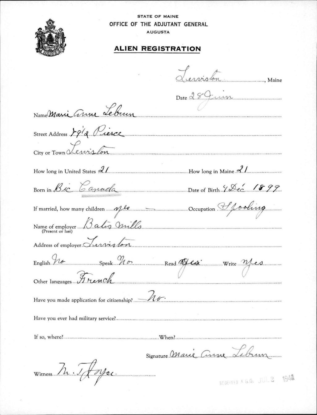 Miniature of Alien Registration- Lebrun, Marie Anne (Lewiston, Androscoggin County)