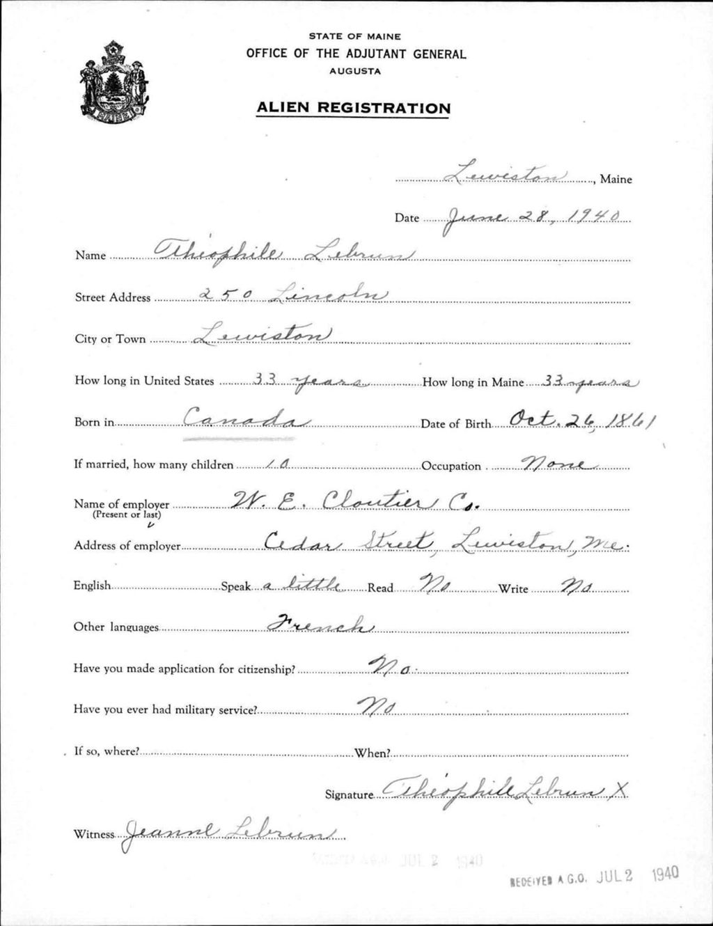 Miniature of Alien Registration- Lebrun, Theophile (Lewiston, Androscoggin County)