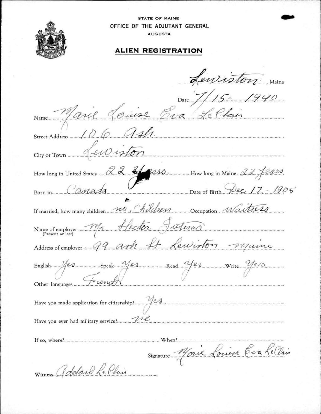 Miniature of Alien Registration- Leclair, Marie Louise E. (Lewiston, Androscoggin County)