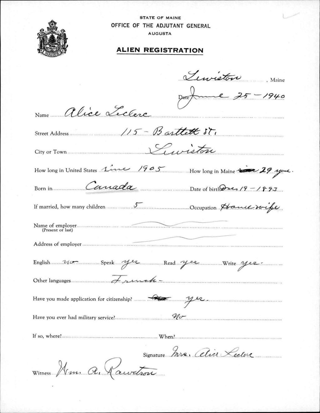 Miniature of Alien Registration- Leclerc, Alice (Lewiston, Androscoggin County)