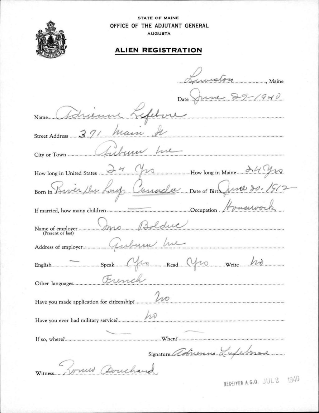 Miniature of Alien Registration- Lefebvre, Adrienne (Lewiston, Androscoggin County)