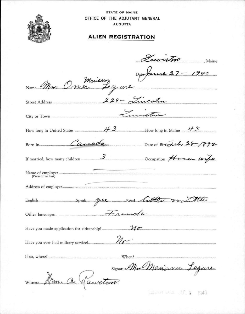 Miniature of Alien Registration- Legare, Mariann (Lewiston, Androscoggin County)