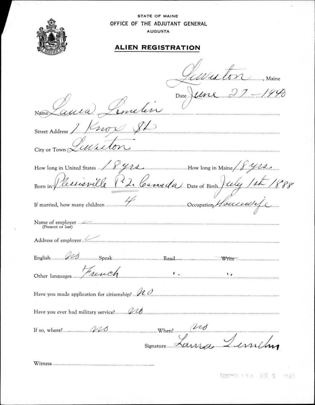 Miniature of Alien Registration- Lemelin, Laura (Lewiston, Androscoggin County)