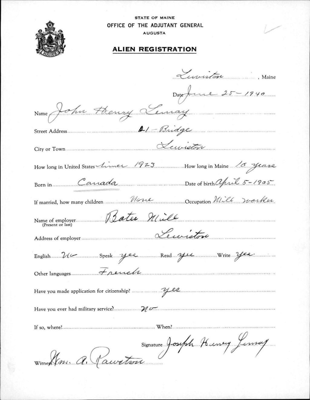 Miniature of Alien Registration- Lemay, John H. (Lewiston, Androscoggin County)