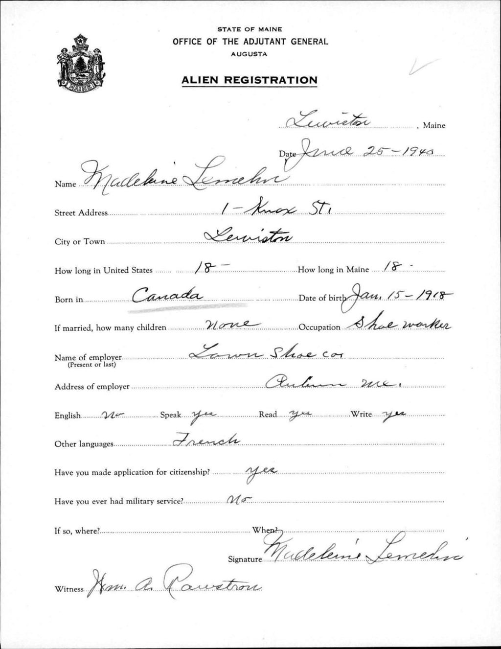 Miniature of Alien Registration- Lemelin, Madelaine (Lewiston, Androscoggin County)