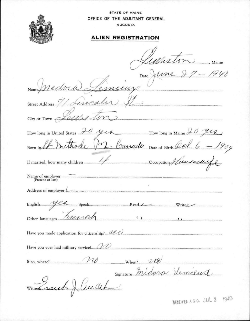 Miniature of Alien Registration- Lemieux, Medora (Lewiston, Androscoggin County)