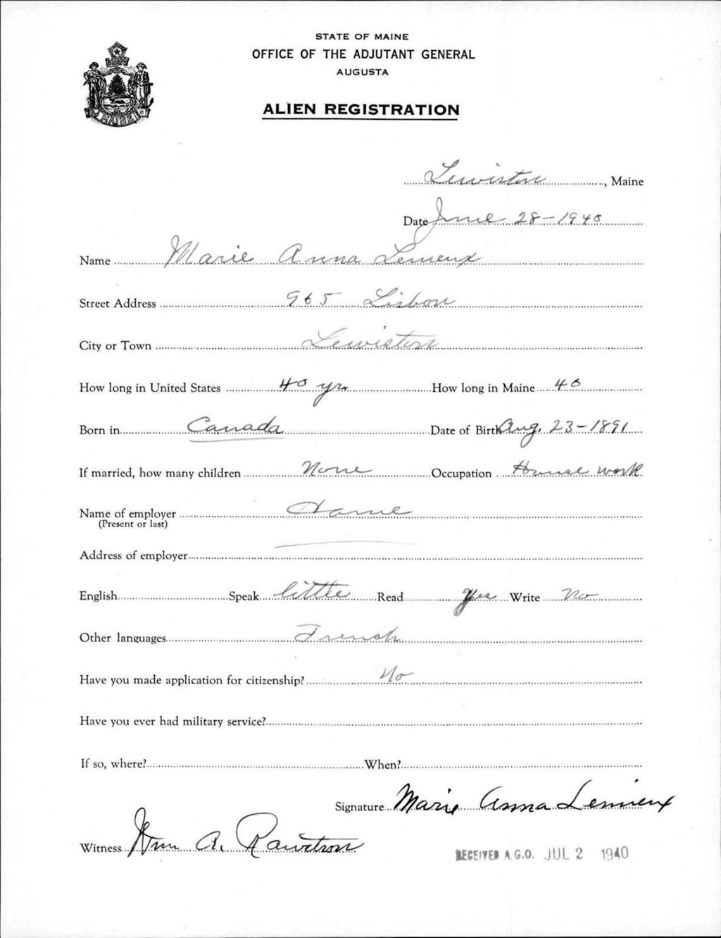 Miniature of Alien Registration- Lemieux, Marie Anna (Lewiston, Androscoggin County)