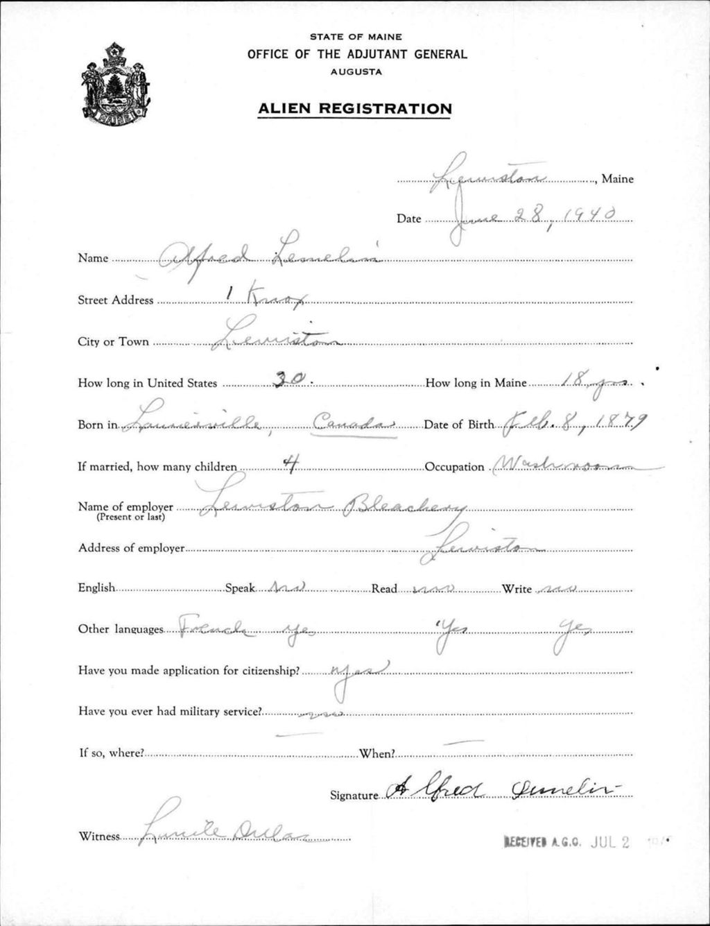 Miniature of Alien Registration- Lemelin, Alfred (Lewiston, Androscoggin County)