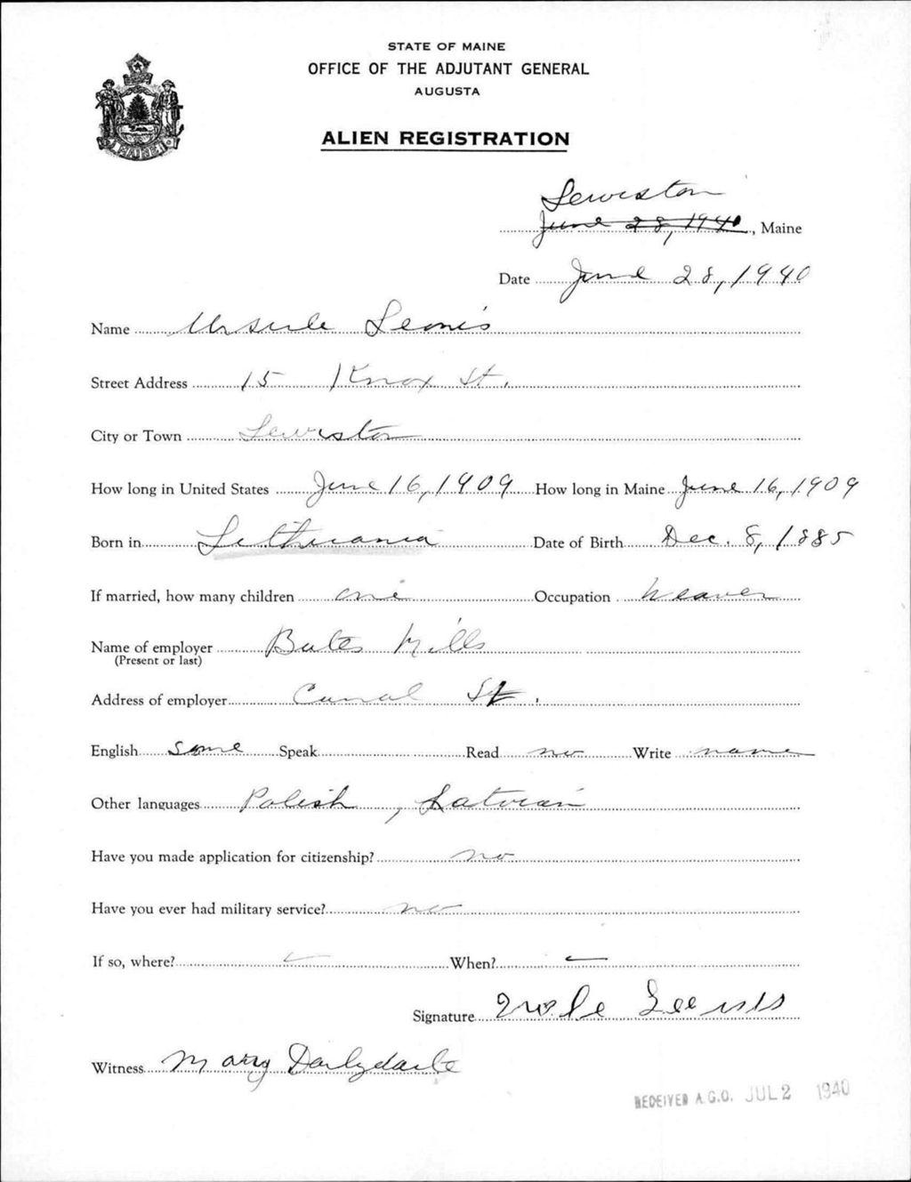 Miniature of Alien Registration- Leonis, Ursala (Lewiston, Androscoggin County)