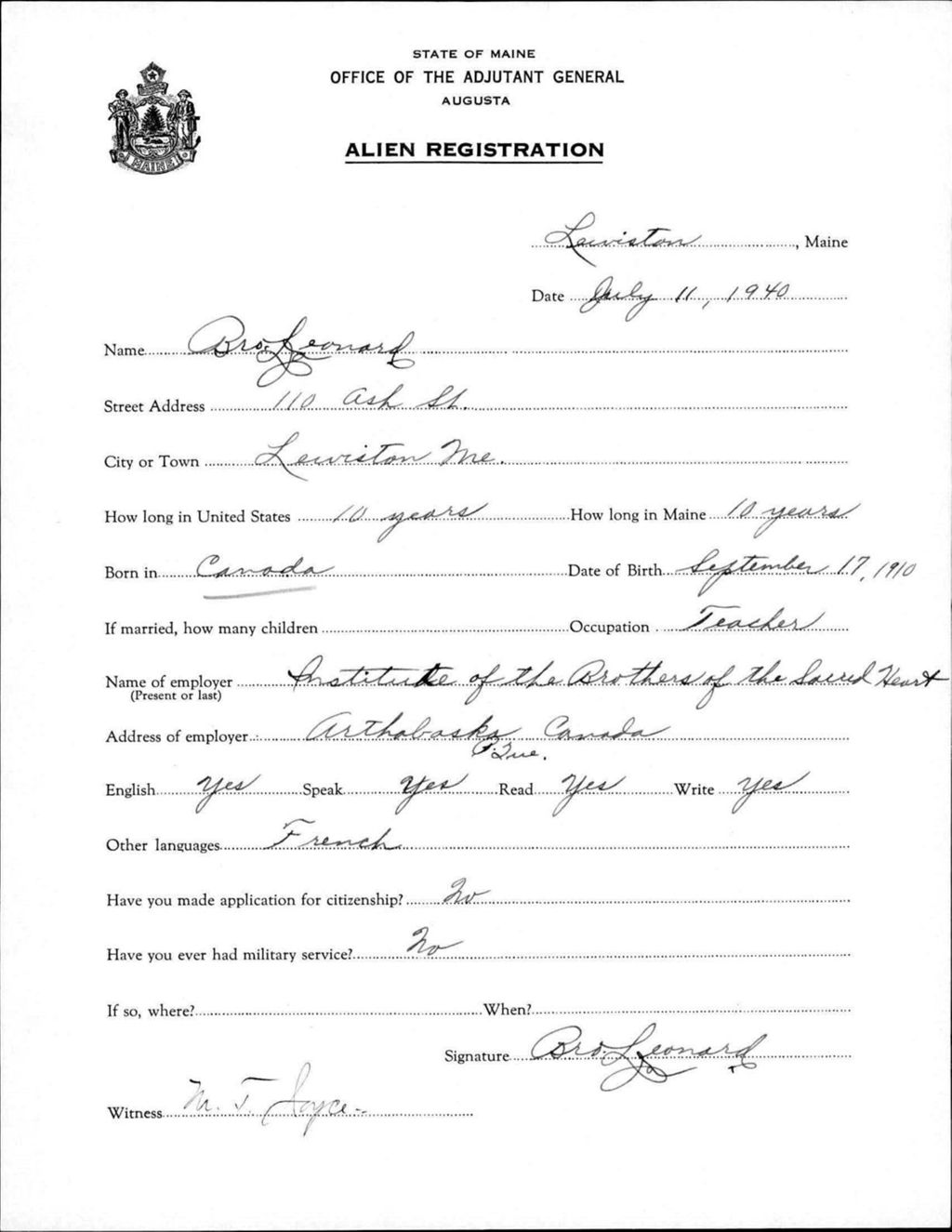Miniature of Alien Registration- Leonard, Brother (Lewiston, Androscoggin County)
