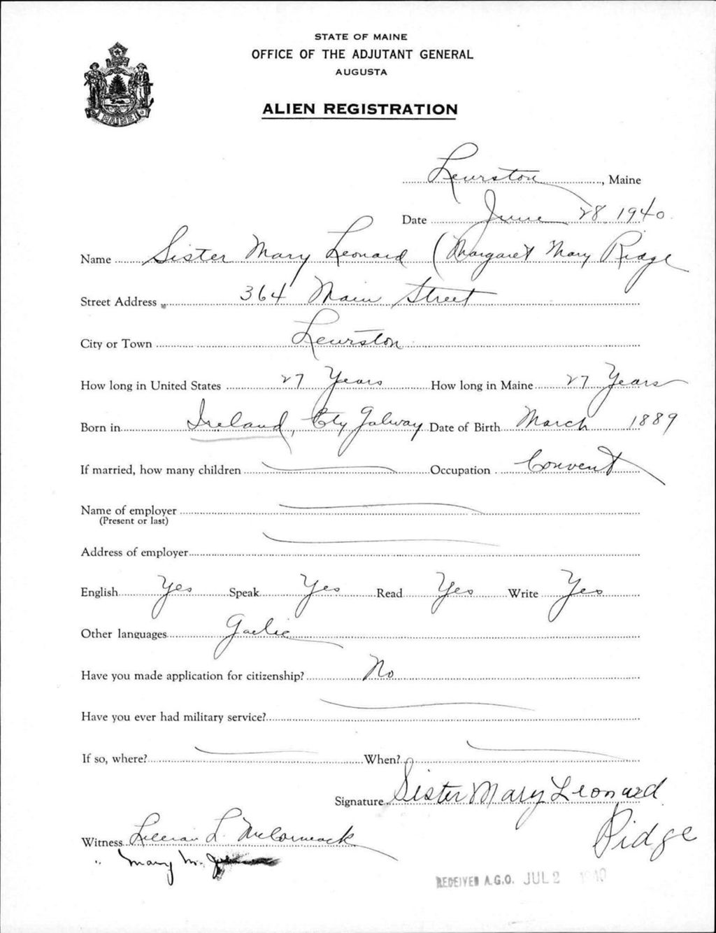 Miniature of Alien Registration- Ridge, Margaret M. (Lewiston, Androscoggin County)