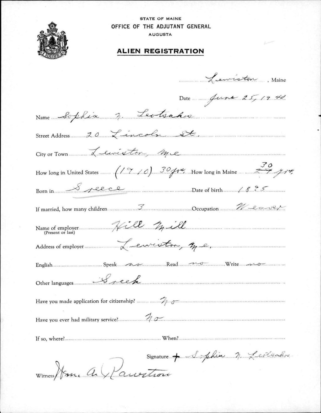 Miniature of Alien Registration- Leotsakos, Sophia N. (Lewiston, Androscoggin County)