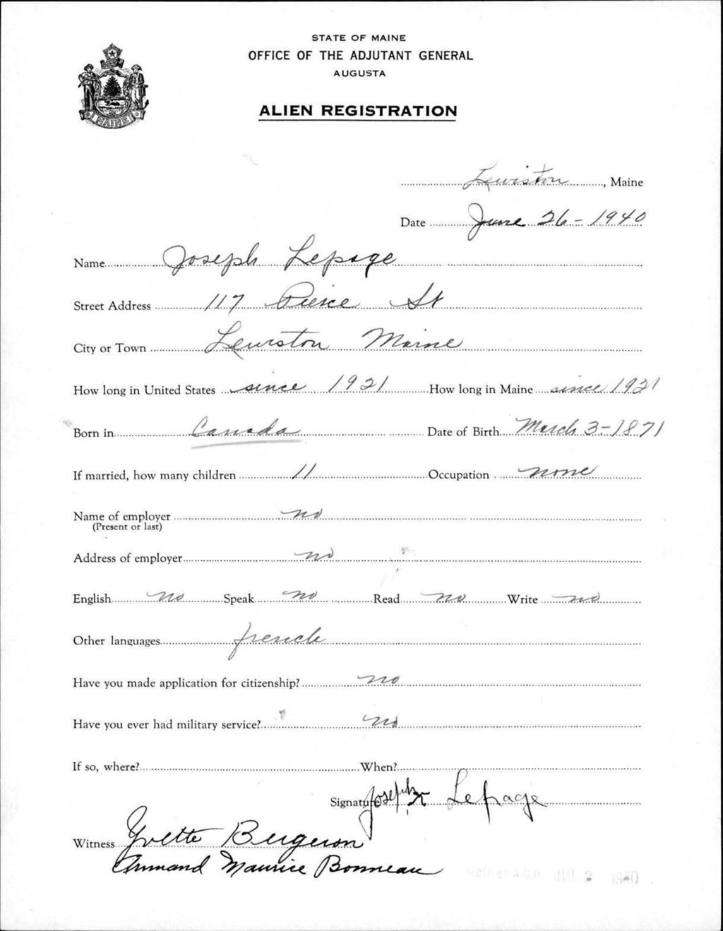 Miniature of Alien Registration- Lepage, Joseph (Lewiston, Androscoggin County)