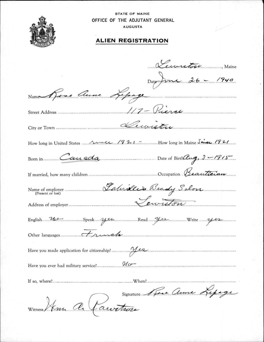 Miniature of Alien Registration- Lepage, Rose Anne (Lewiston, Androscoggin County)