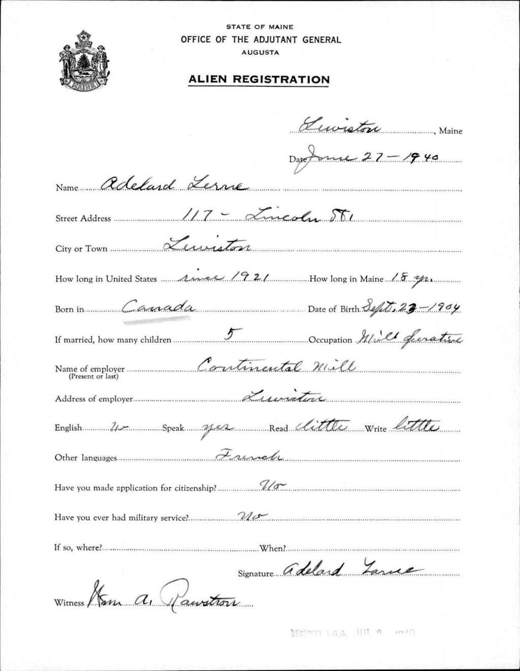 Miniature of Alien Registration- Lerne, Adelard (Lewiston, Androscoggin County)
