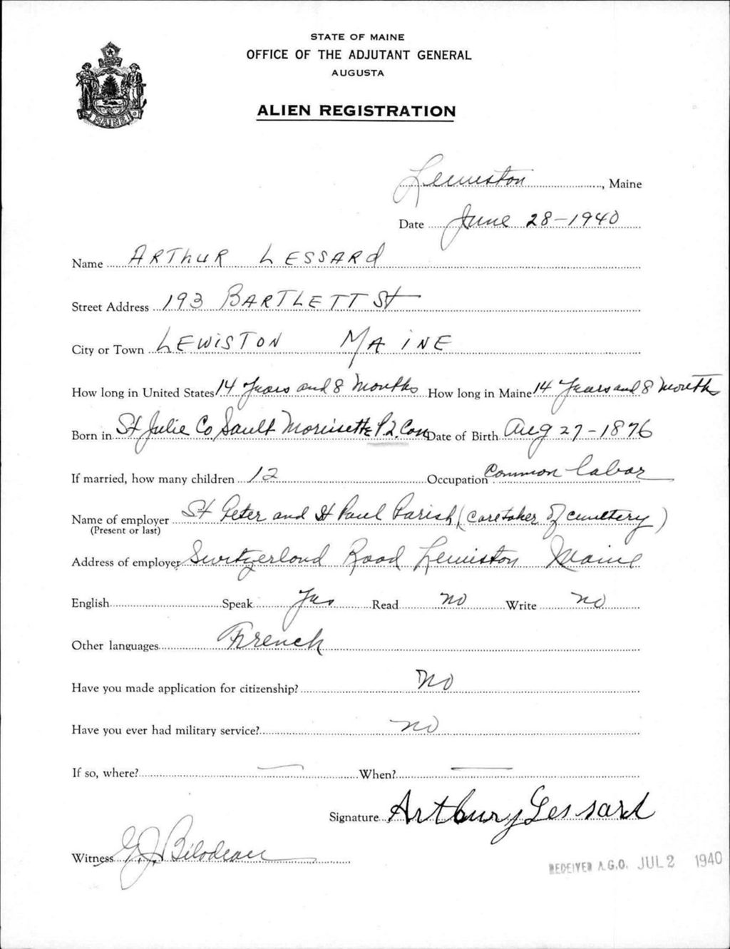 Miniature of Alien Registration- Lessard, Arthur (Lewiston, Androscoggin County)