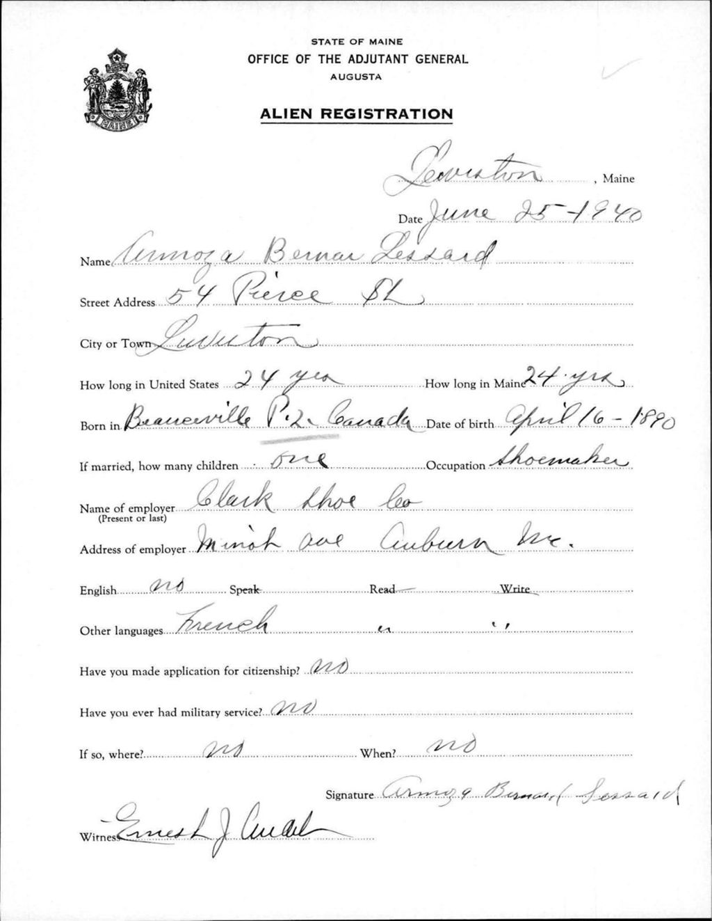 Miniature of Alien Registration- Bernard, Armoza (Lewiston, Androscoggin County)