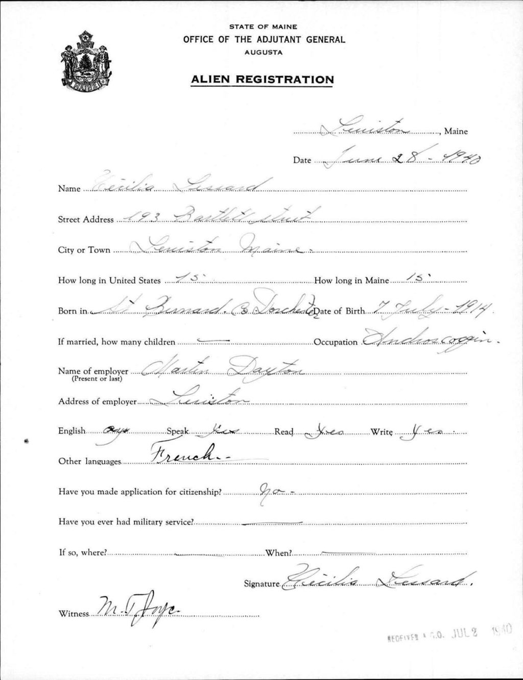 Miniature of Alien Registration- Lessard, Cecilia (Lewiston, Androscoggin County)