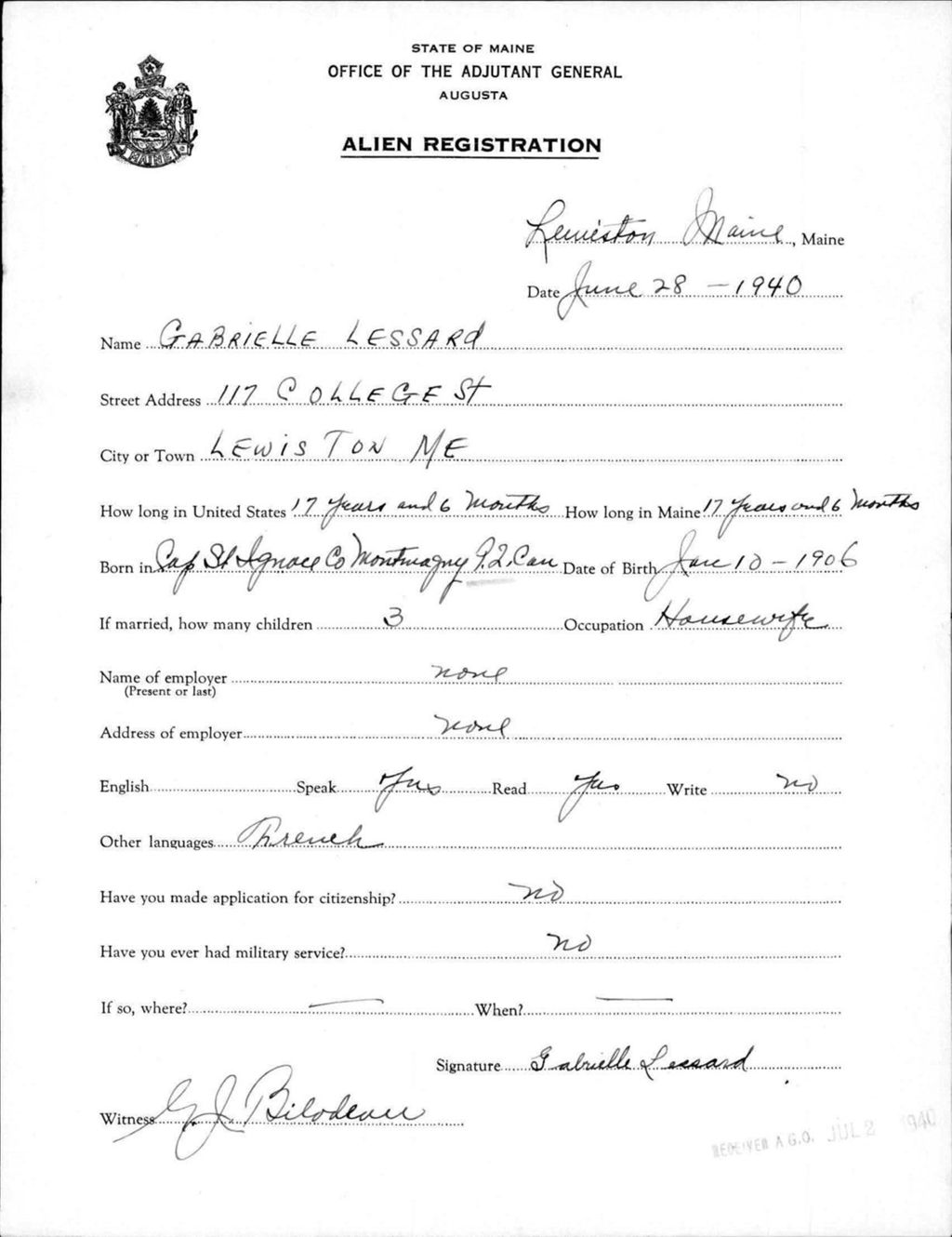 Miniature of Alien Registration- Lessard, Gabrielle (Lewiston, Androscoggin County)