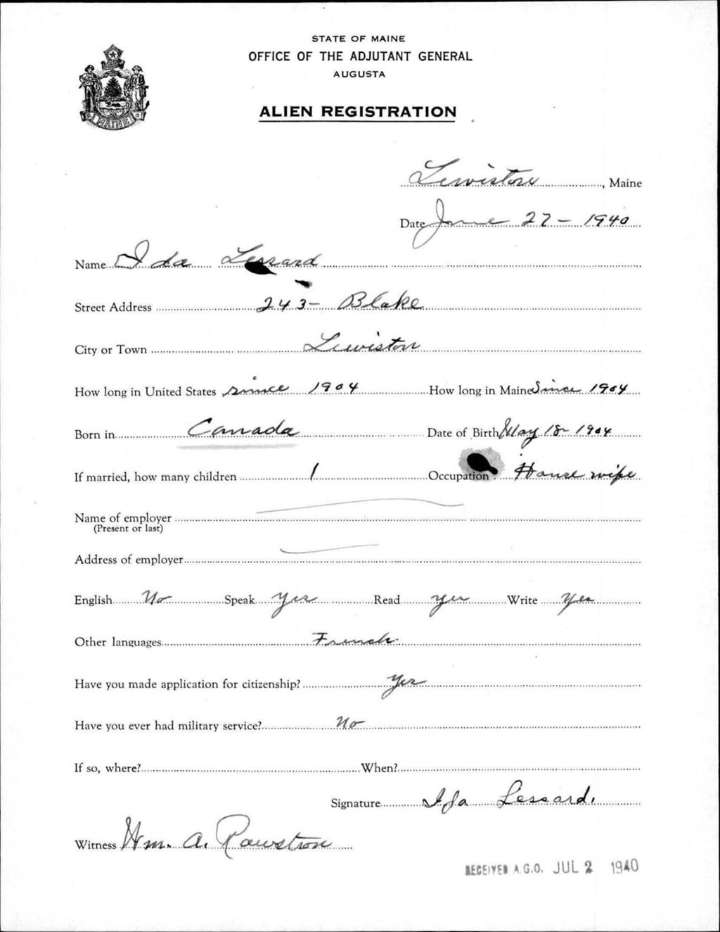 Miniature of Alien Registration- Lessard, Ida (Lewiston, Androscoggin County)
