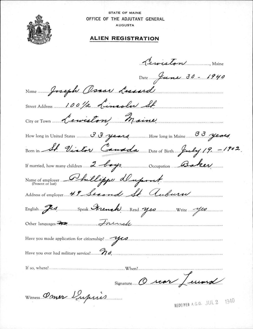 Miniature of Alien Registration- Lessard, Joseph O. (Lewiston, Androscoggin County)